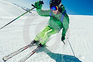 Professional skier athlete skiing of ski resort.Winter vacation and sport concept