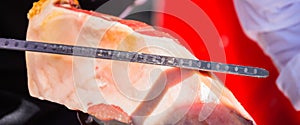 Professional slicing jamon serrano, traditional Spanish ham