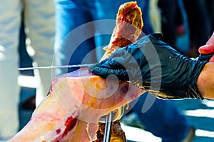 Professional slicing jamon serrano, traditional Spanish ham