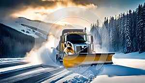 Professional snow removal in winter, a large professional snow blower clears the road of snow and ice,