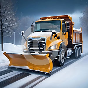 Professional snow removal in winter, a large professional snow blower clears the road of snow and ice,