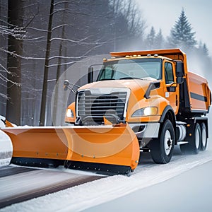 Professional snow removal in winter, a large professional snow blower clears the road of snow and ice,