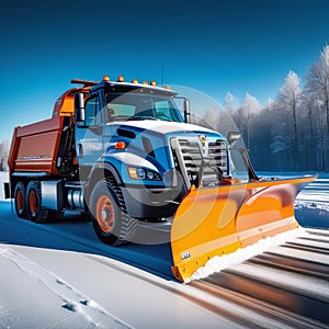 Professional snow removal in winter, a large professional snow blower clears the road of snow and ice,