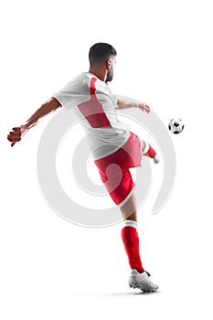 Professional soccer player in action. Back view. Isolated in white background photo