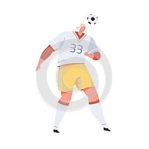 Professional soccer player hitting ball with head. Man in uniform playing European football. Footballer during game or