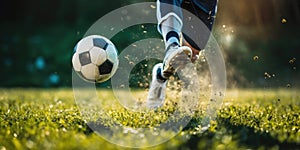 Professional Soccer Player Playing Football on Green Grass Pitch at Stadium. Close Up of Soccer Shoe Hitting Ball