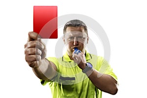 Professional soccer referee giving the red card isolated photo