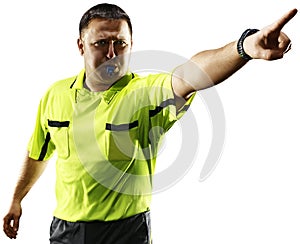 Professional soccer referee isolated on white background photo