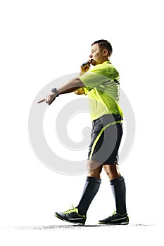 Professional soccer referee isolated on white background