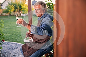 Professional sommelier looking at wine outdoors of the winery