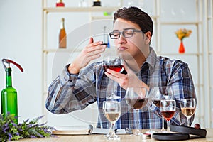 The professional sommelier tasting red wine