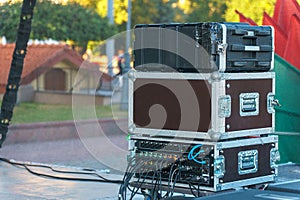 Professional sound and lighting equipment on stage. Monitor speakers for concerts and events