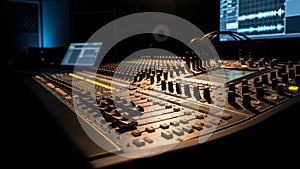 Professional sound mixing console with faders and knobs in studio