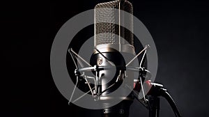 professional sound recording microphone on black background. banner with copy space