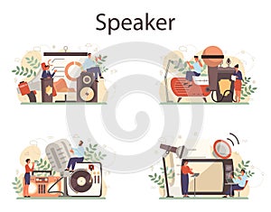 Professional speaker, commentator or voice actor concept set. Peson photo