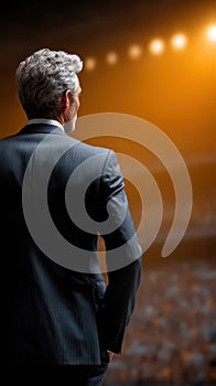 Professional speaker silhouette on stage with microphone