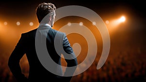 Professional speaker silhouette on stage with microphone