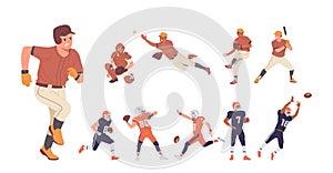 Professional sportsman cartoon characters in uniform playing baseball, american football set