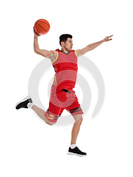 Professional sportsman playing basketball on white background