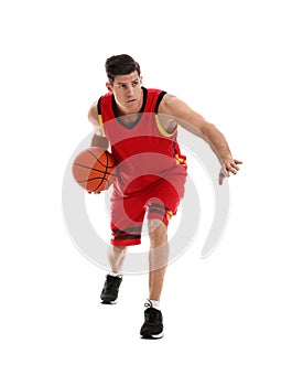 Professional sportsman playing basketball on white background