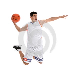 Professional sportsman playing basketball on white background