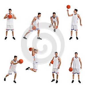 Professional sportsman playing basketball on white background, collage
