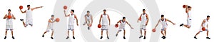 Professional sportsman playing basketball on white, collage. Banner design