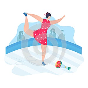 Professional sportsman woman character figure skating, great athletic ice performance flat vector illustration, isolated