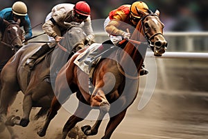 Professional sportsmen riding horses on racetrack fast. Generative AI