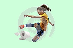 Professional sportswoman caught toiletpaper in motion and action - high demand for essential goods