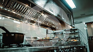 Professional stainless steel kitchen in active operation