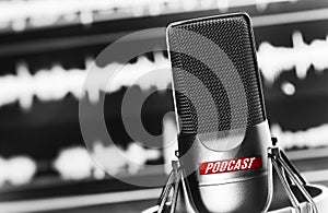 Professional studio microphone with podcast icon