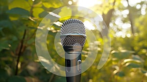 Professional studio microphone for podcasts and audio recording. Stands on a bright plain background.