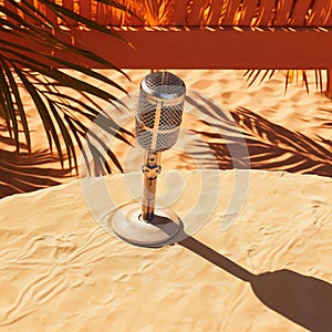 Professional studio microphone for podcasts and audio recording. Stands on a bright plain background.