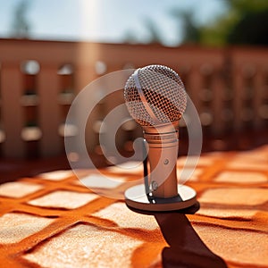 Professional studio microphone for podcasts and audio recording. Stands on a bright plain background.