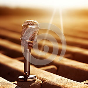 Professional studio microphone for podcasts and audio recording. Stands on a bright plain background.