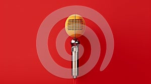 Professional studio microphone for podcasts and audio recording. Stands on a bright plain background.