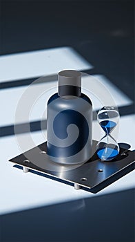 A matte dark blue bottle stands out against a thin flat 2mm metal board