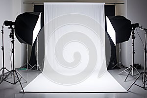 A professional studio setup with lighting equipment softboxes, tripods and cyclorama for a photoshoot