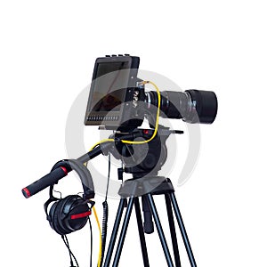 Professional studio video camera ion the tripod solated on white