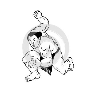 Professional Sumo Wrestler or Rikishi in Fighting Stance Ukiyo-E or Ukiyo Black and White Style