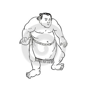 Professional Sumo Wrestler or Rikishi in Fighting Stance Ukiyo-E or Ukiyo Black and White Style