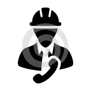 Professional Support icon vector male construction service worker person profile avatar with phone and hardhat helmet in glyph