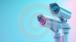 Professional surveillance design white security cameras with hologram glow on pastel background