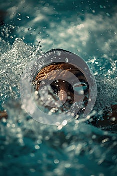 professional swimmer athlete in in pool with blue splashing water at sport competition, man swimming