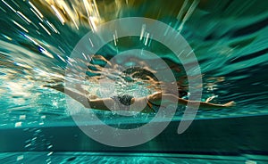 professional swimmer athlete in in pool with blue splashing water at sport competition, man swimming