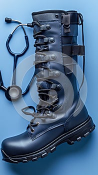 Professional Tactical Military Boot on Blue Background with Black Stethoscope Gear for Law Enforcement and First Responders