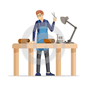 Professional tanner, skinner flat vector illustration. Young craftsman, happy leather workshop employee in apron cartoon