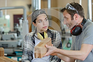 professional teacher showing carpentry machinery to student