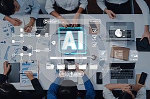 Professional Team Collaborating on Artificial Intelligence Project with Data Analysis and Digital Interface in Modern